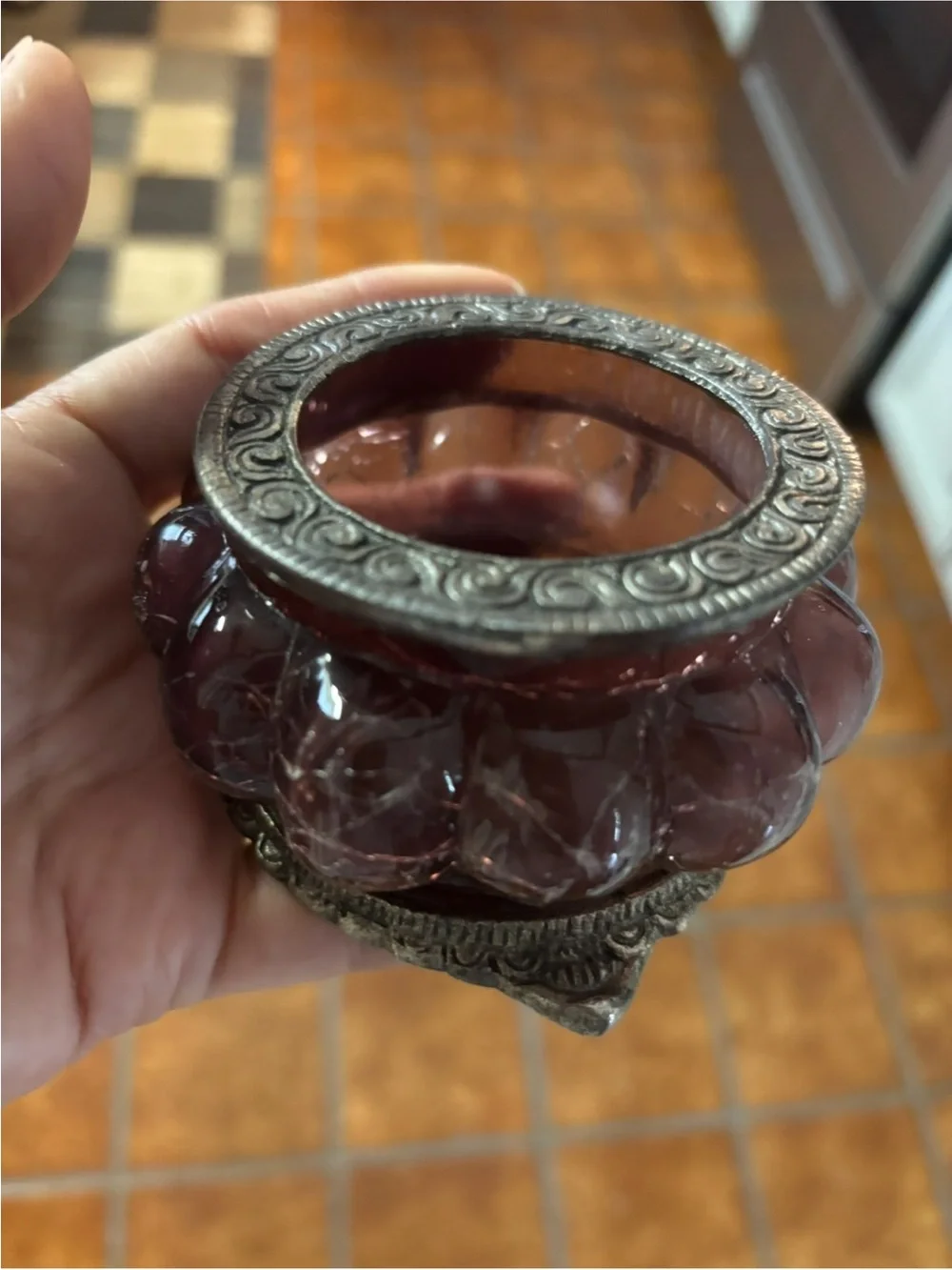 Vintage Amethyst Glass Votive Candle Holder with Ornate Metal Base